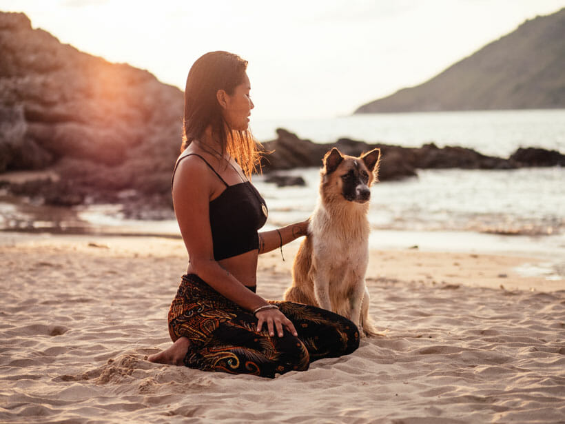 Woman Wearing Bohemian Island with Rescue Dog 