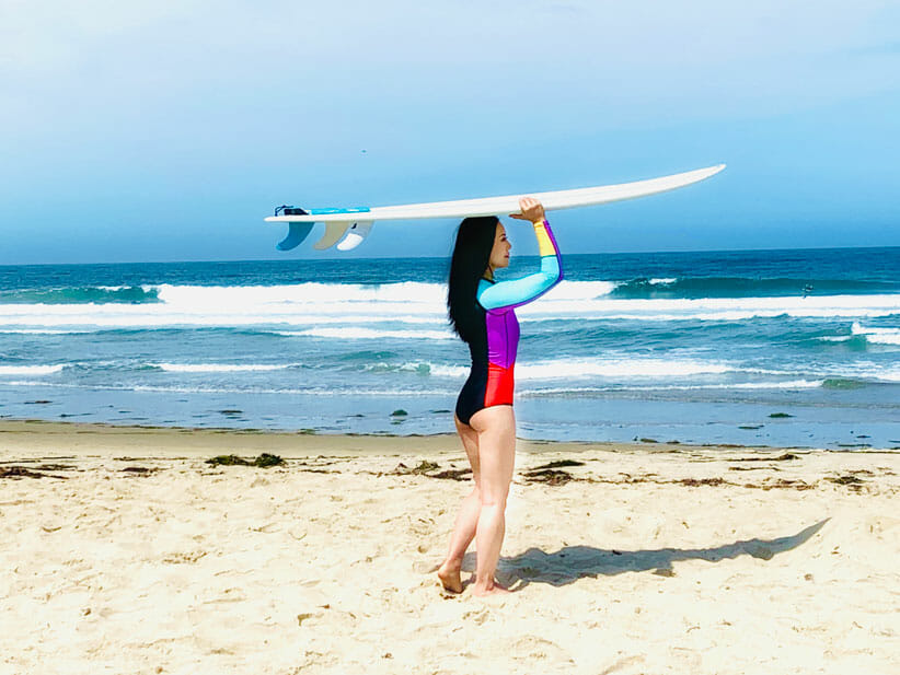 Dr Ingrid Yang and her Mindful Yoga Journey with a Surfboard on the Beach