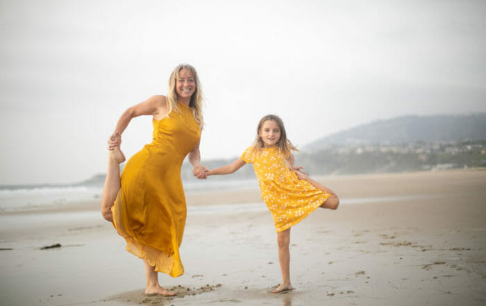 Natiya Guin and daughter wearing yellow dresses on the beach showing heathy skin from within