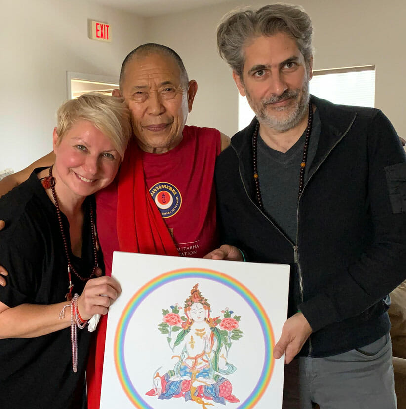 Victoria Imperioli, Garchen Rinpoche, Michael Imperioli and White Tara painting