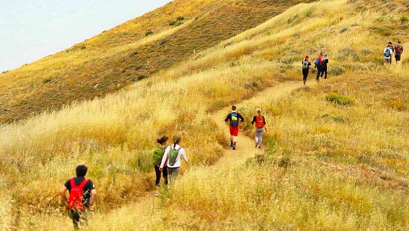 people hiking along a hillside with yellow flowers at The Ranch Malibu