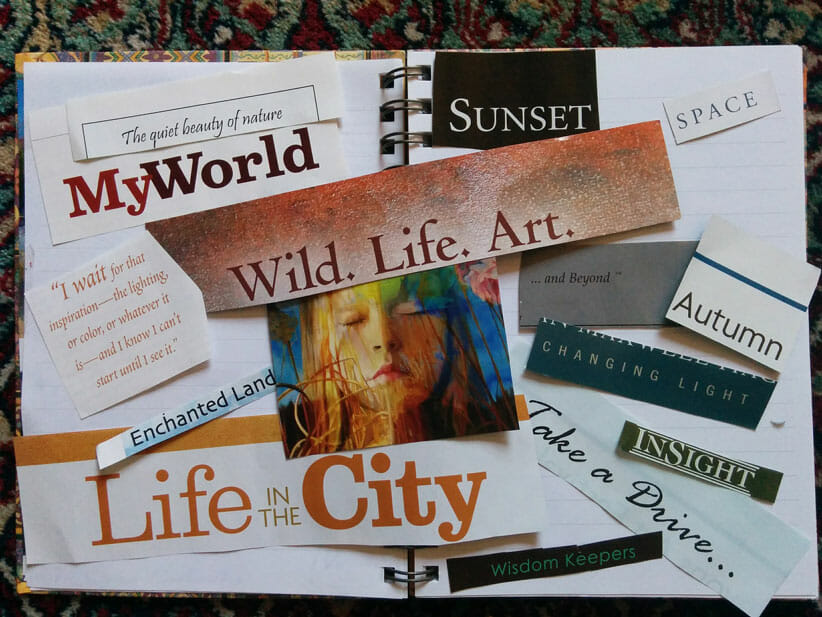 image of a vision board with cut out pictures from magazines
