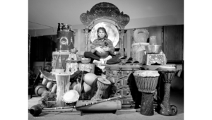 Drummer Mickey Hart surrounded by drums