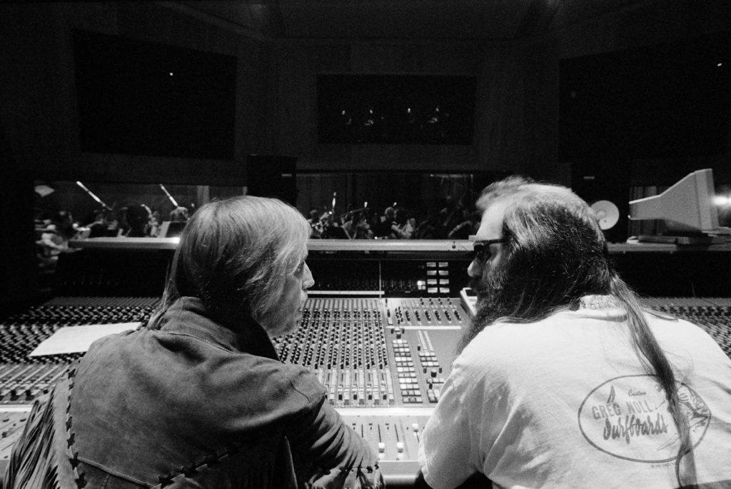 Tom petty and rick Rubin at sound board back and white photo