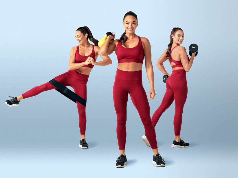 Emily Skye Fitness in three different poses wearing red workout gear