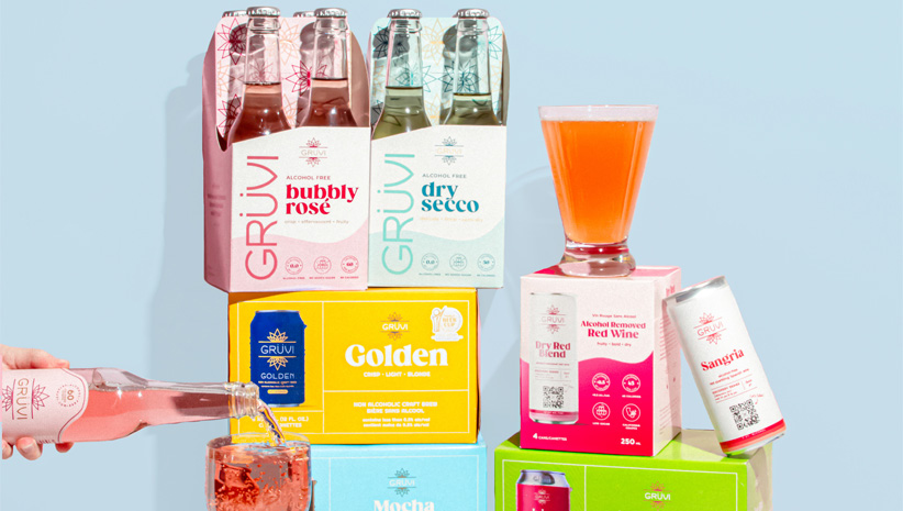 nonalcoholic Gruvi products in multiple colors in bottles and boxes
