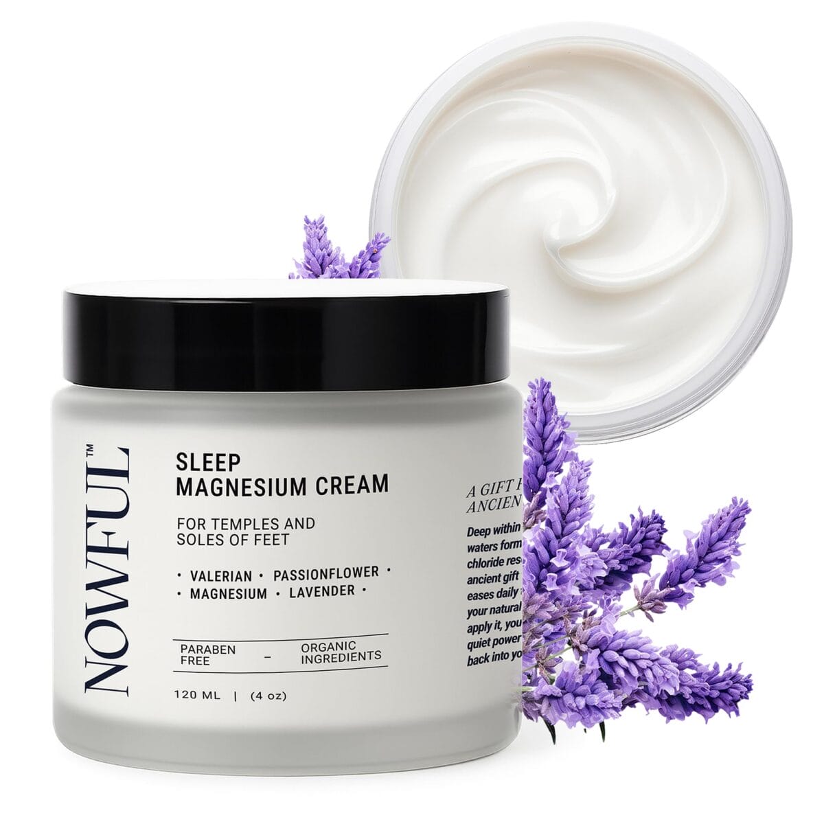 open jar and closed jar of Nowful sleep magnesium cream with lavender flowers 