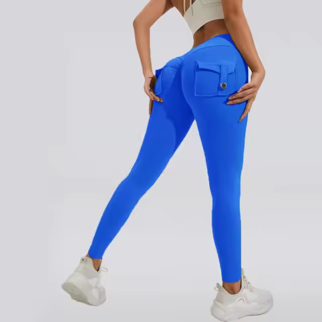 woman's legs with blue athletic pants 