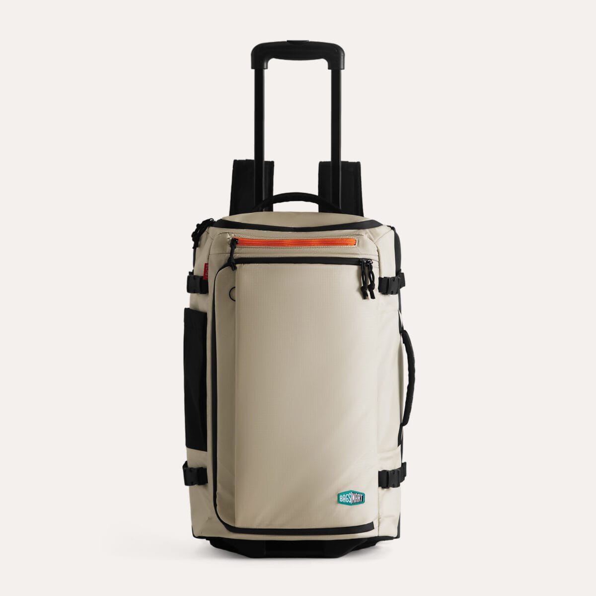 tan roller backpack standing on rolling wheels