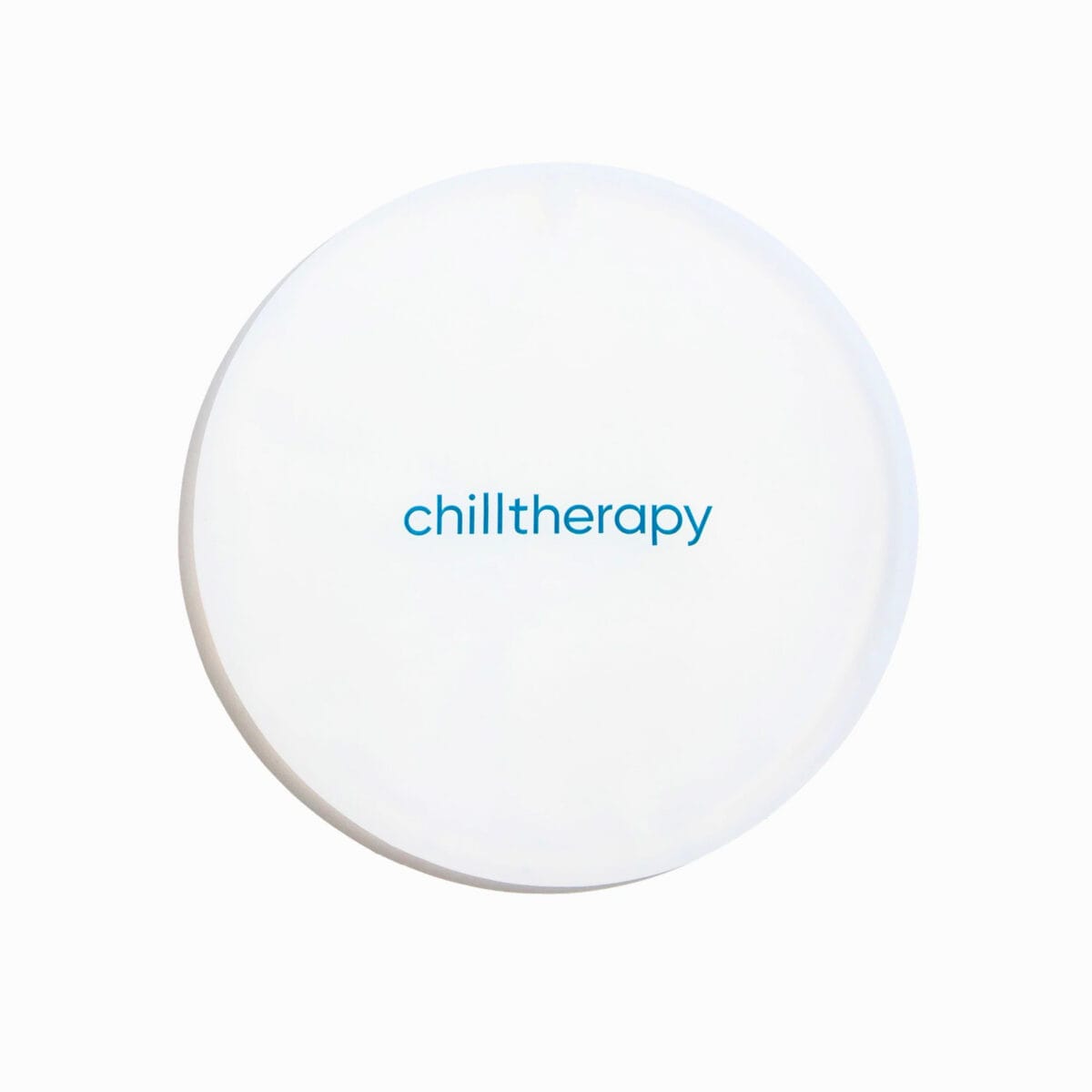 Chill Therapy cooling block for personal use. While disc with teal words that say chill therapy