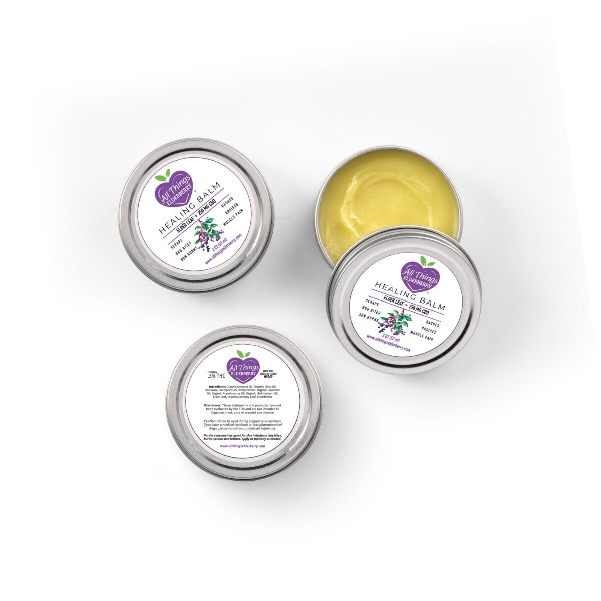 selection of 3 tins of elderleaf healing skin balm