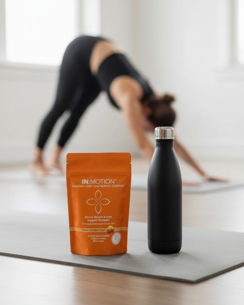 In total wellness supplement on a yoga mat with a woman in down dog in the background