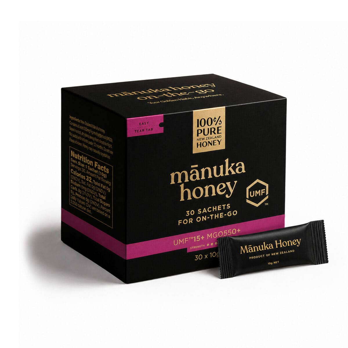 black box with gold lettering that says Manuka Honey
